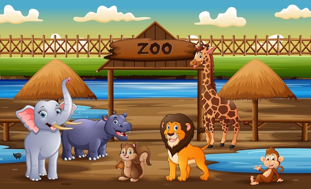 Vector escena con animales salvajes en la ilustración del parque zoológico