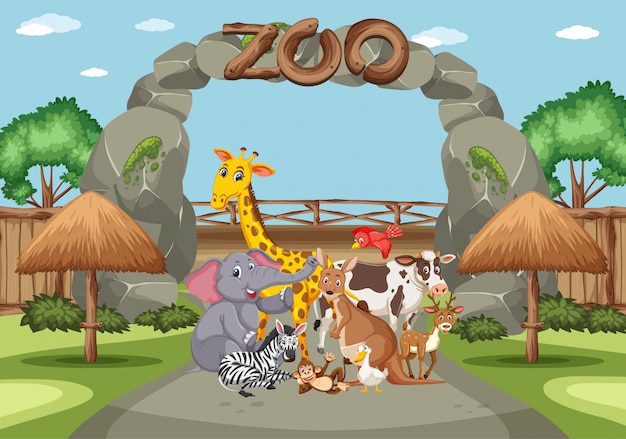 Vector escena con animales salvajes en el zoológico durante el día