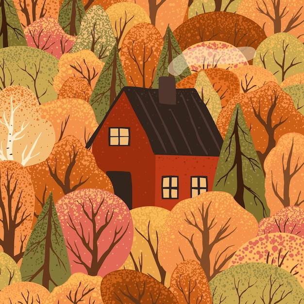 Vector escena con árboles y arbustos de otoño y casa roja paisaje de campo aislado sobre fondo blanco naturaleza de otoño stock ilustración vectorial plana