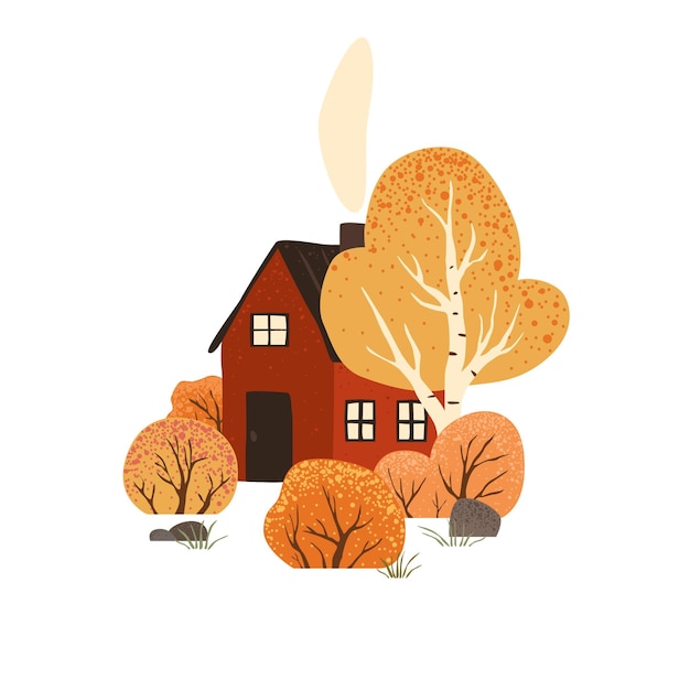 Vector escena con árboles y arbustos de otoño y casa roja paisaje de campo aislado sobre fondo blanco naturaleza de otoño stock ilustración vectorial plana