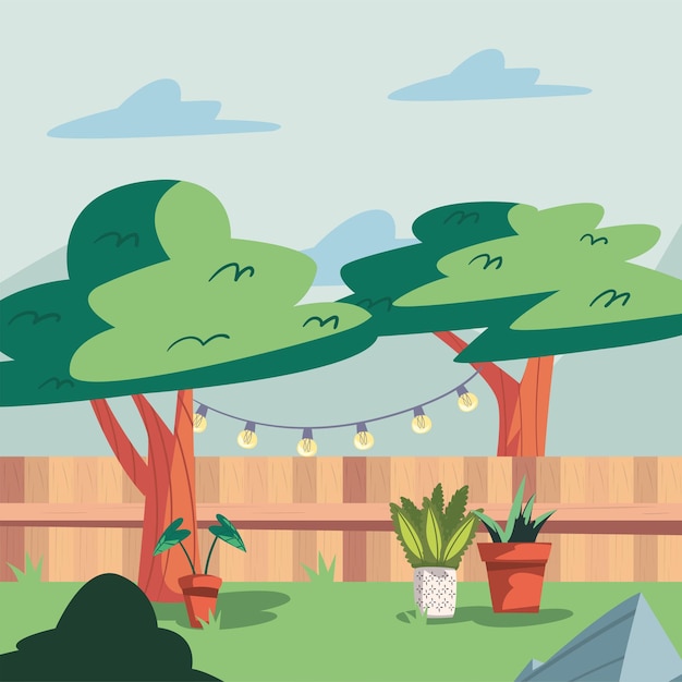 Vector escena de árboles y plantas de interior del patio trasero.