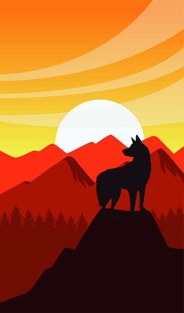 Vector escena del atardecer del salvaje oeste con silueta de mascota de perro