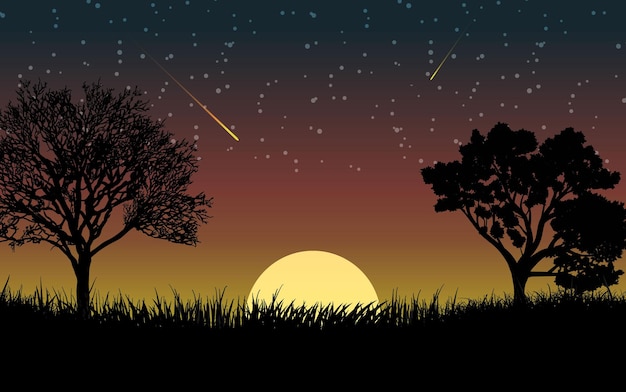 Vector escena del atardecer con silueta de árbol y fondo de hierba