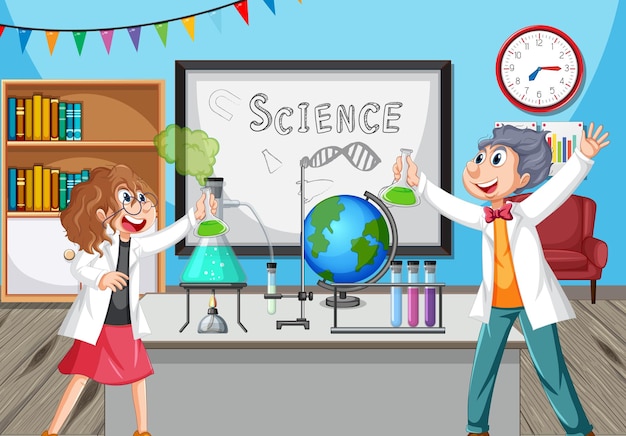 Escena del aula con un científico haciendo un experimento.