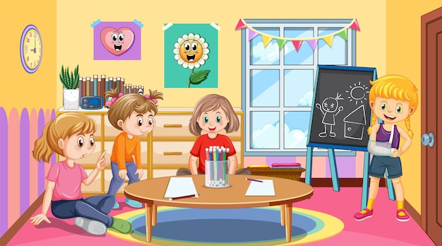 Vector escena de aula de jardín de infantes con niños.