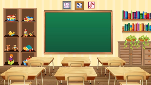 Escena de aula vacía con decoración de interiores y objetos