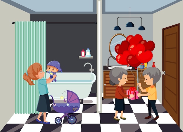 Escena de baño con personaje de dibujos animados de miembros de la familia.