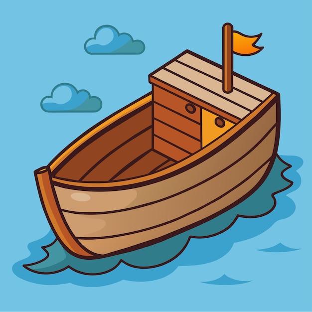 Vector escena con un barco de madera en la orilla con un ícono de pegatina dibujado a mano concepto ilustración aislada