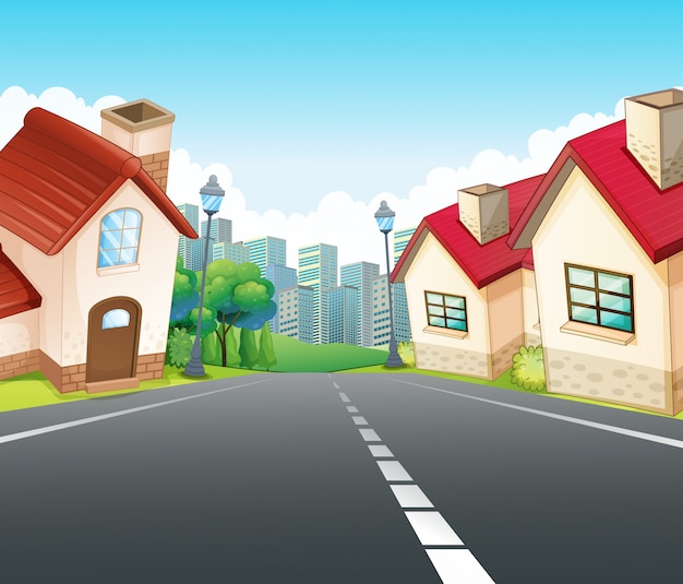 Escena del barrio con muchas casas a lo largo de la carretera