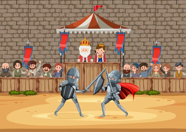 Escena de batalla con guerreros medievales luchando.
