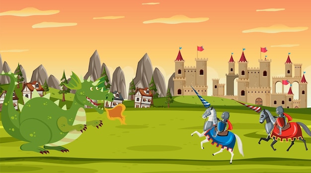 Vector escena de batalla medieval en estilo de dibujos animados