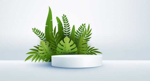 Vector escena blanca mínima y hojas verdes de palmeras tropicales podio cilíndrico sobre fondo blanco escenario monocromático 3d para mostrar un escaparate de productos cosméticos monstera y hoja de palma