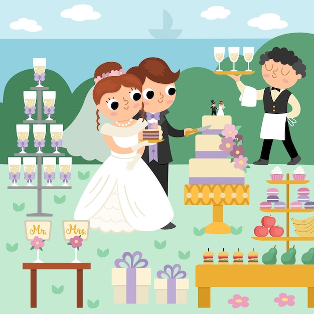 Vector escena de boda vectorial con una linda pareja recién casada paisaje de ceremonia de boda con la novia y el novio el esposo y la esposa cortando el pastel cerca de la barra de dulces