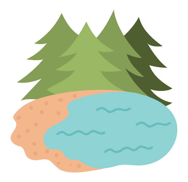Escena del bosque con abetos verdes y lago Ilustración del bosque vectorial Vacaciones activas camping o turismo local diseño del paisaje para postales impresiones infografíasxA