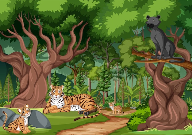 Vector escena del bosque con animales salvajes.