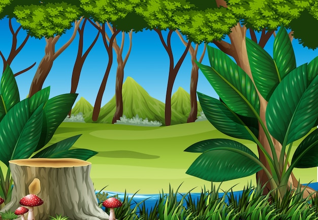 Vector escena del bosque con árbol de tocón y montañas