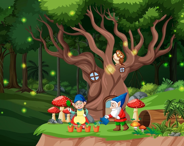 Vector escena de bosque de fantasía con familia de gnomos.