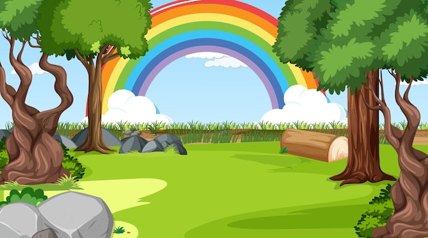 Escena de bosque natural con arco iris en el cielo