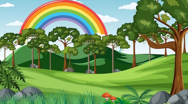 Escena de bosque natural con arco iris en el cielo
