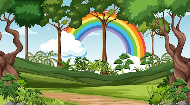 Escena de bosque natural con arco iris en el cielo
