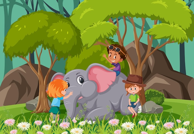 Escena del bosque con niños jugando con un elefante.