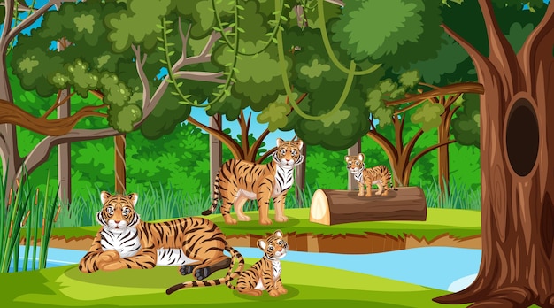 Escena de bosque o selva tropical con familia de tigres.