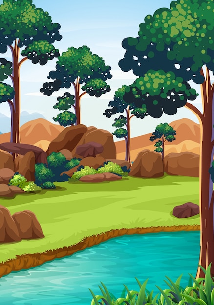 Escena del bosque con río y campo
