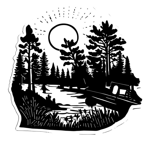 Vector escena de bosque con río y muchos árboles dibujado a mano sticker de dibujos animados icono ilustración de concepto