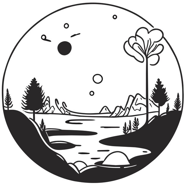 Escena de bosque con río y muchos árboles dibujado a mano sticker de dibujos animados icono ilustración de concepto