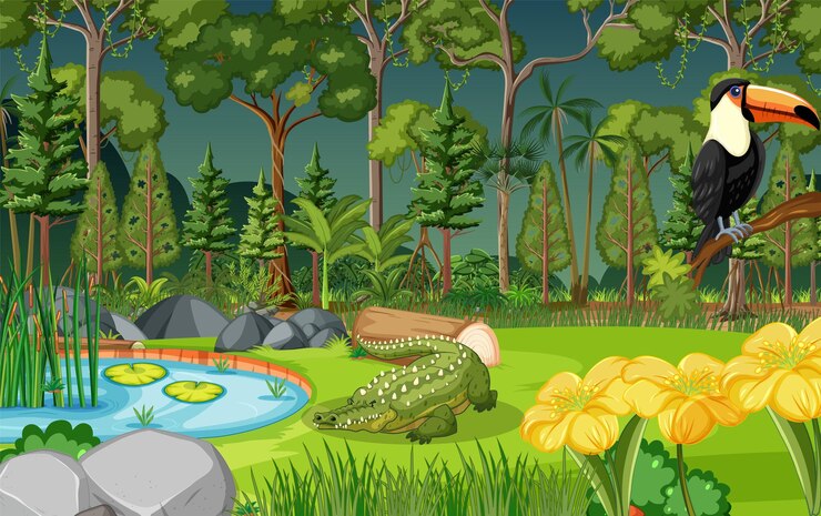 Vector escena del bosque con varios animales salvajes.