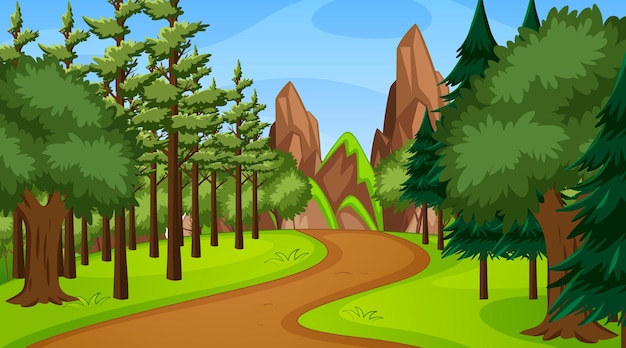 Vector escena del bosque con varios árboles forestales y camino de carril de pasarela