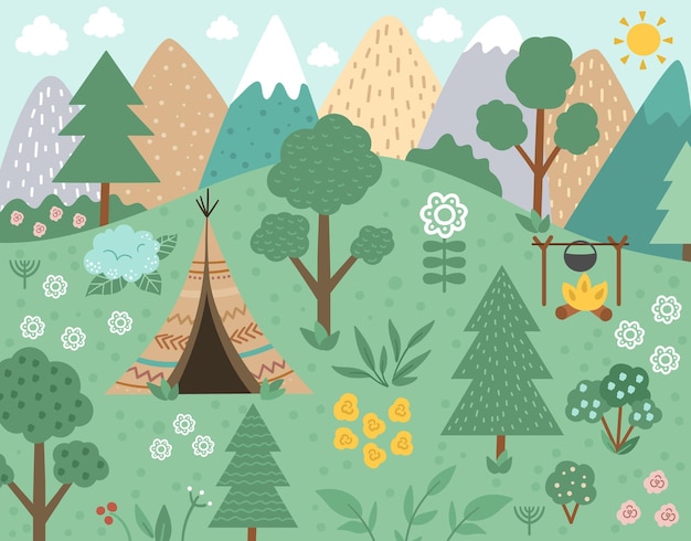 Escena de bosque vectorial con montañas de fuego wigwam Paisaje de bosque de primavera o verano con árboles y plantas Ilustración o fondo de paisaje de naturaleza salvaje xA