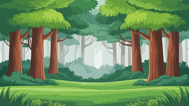 Una escena de bosque verde exuberante con árboles y follaje
