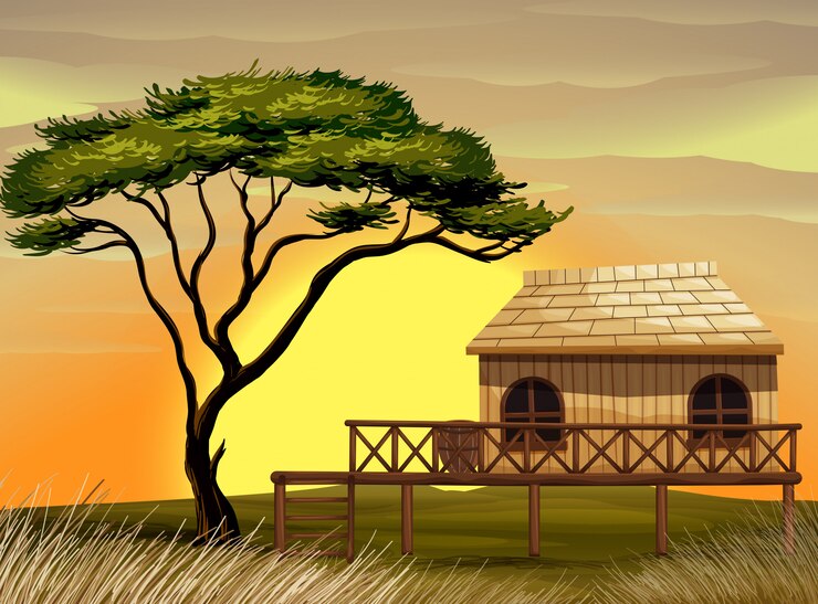 Vector escena con cabaña de madera en el campo