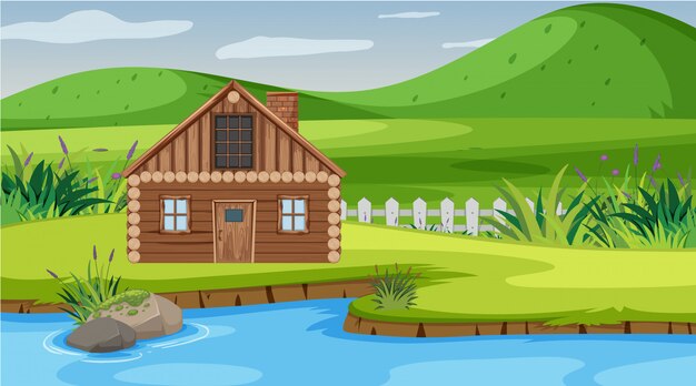 Escena con cabaña de madera en el campo