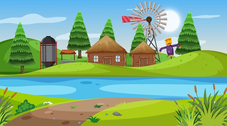 Vector escena con cabañas de madera y silo sobre las colinas.