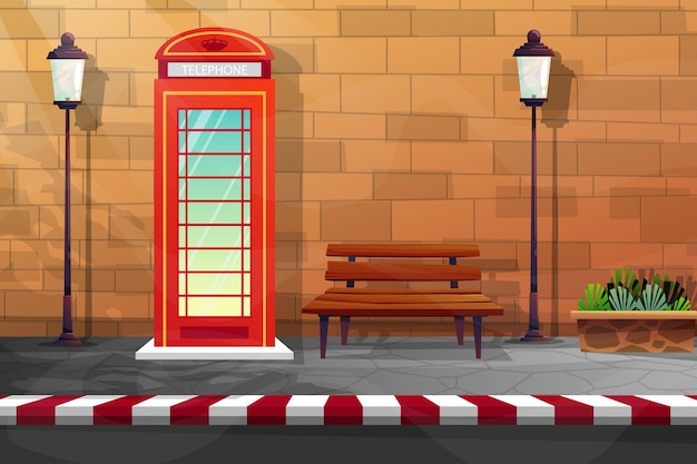 Vector escena de cabina de teléfono roja y banco de madera cerca de la pared de ladrillo y la calle con lámpara alta