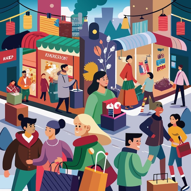Una escena de la calle ocupada con personas haciendo compras y caminando por las vitrinas de las tiendas
