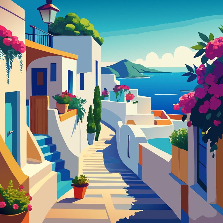 Vector escena de la calle retro de santorini ilustración de diseño plano