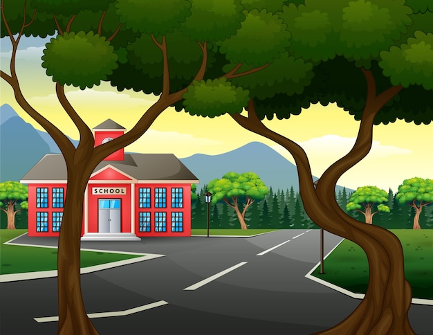 Vector escena callejera con edificio escolar y naturaleza verde.