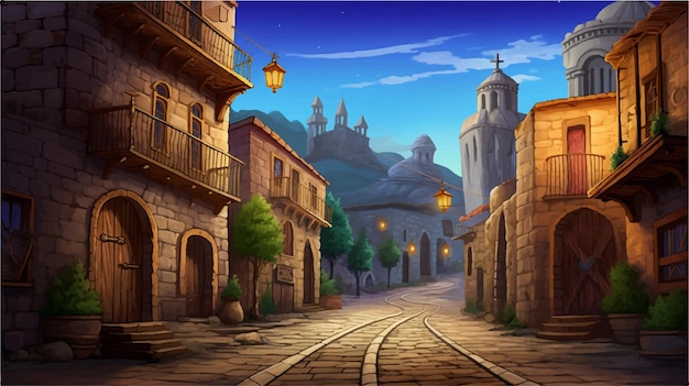 Vector escena callejera estilo caricatura con un fondo de juego de castillo