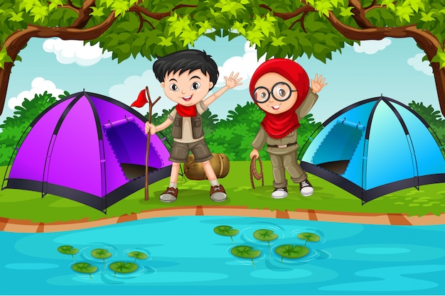 Vector escena de camping de dos niños