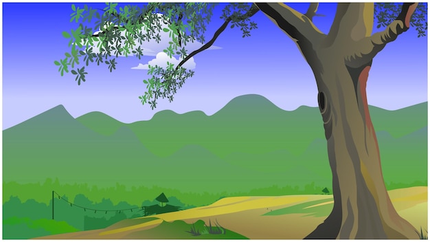 Escena de campo de pueblo con árboles y colinas para el fondo de animación de dibujos animados 2d.
