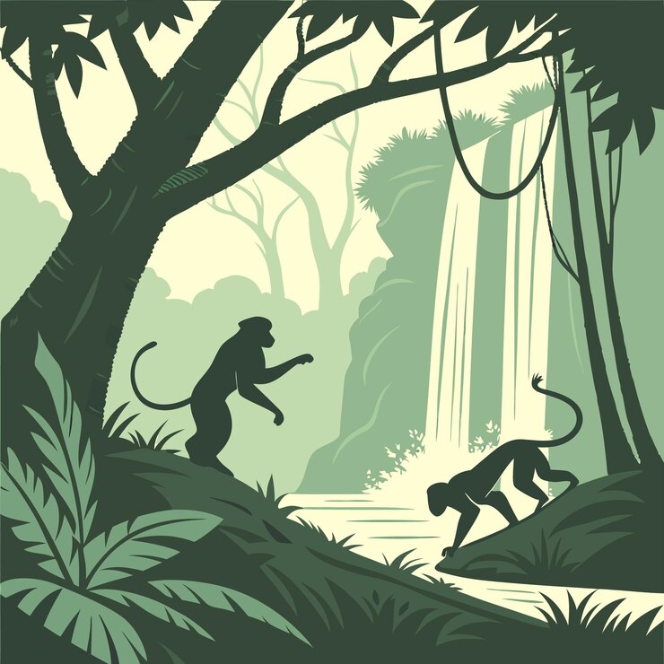 Escena de cascadas de la selva tropical con siluetas de monos