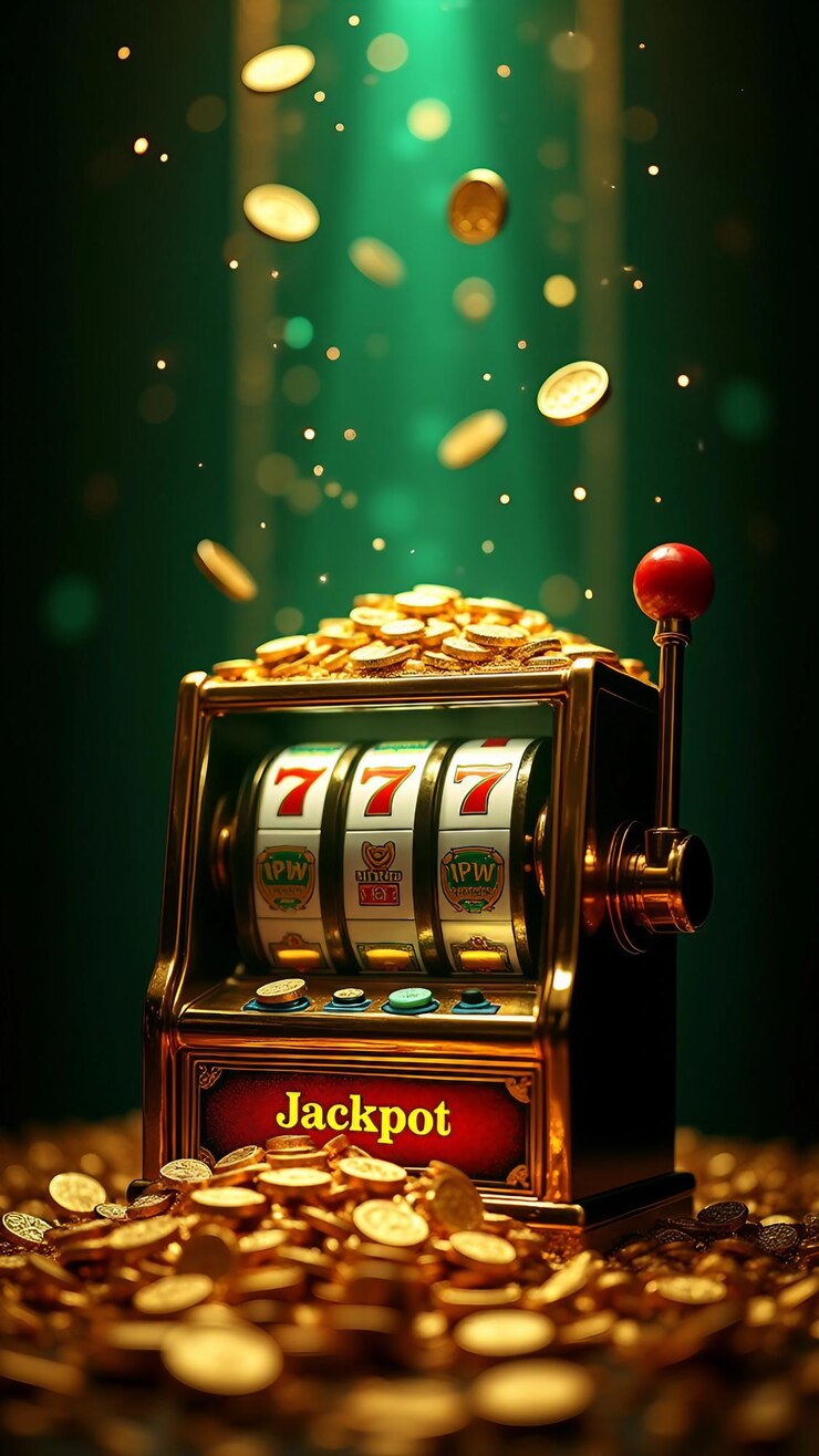 Vector escena de casino de lujo con máquina tragamonedas de premio mayor y monedas de oro