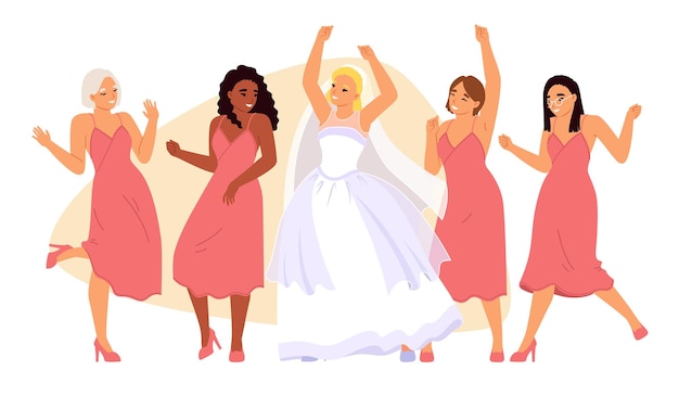 Vector escena de celebración de despedida de soltera novia con vestido de novia y grupo de amigas bailando moviéndose con música divirtiéndose ilustración vectorial concepto de preparación de ceremonia de matrimonio