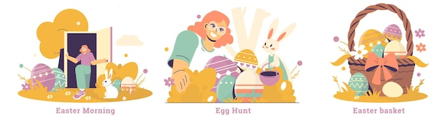 Escena de celebración de Pascua con tres ilustraciones principales una persona disfrutando de una mañana de Pascua un huevo