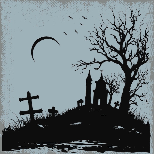 Vector escena de cementerio gótico con luna y árbol