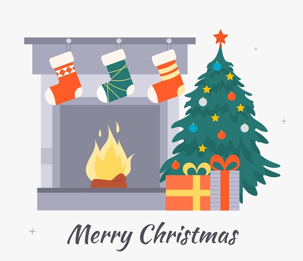 Escena de chimenea de Navidad de diseño plano