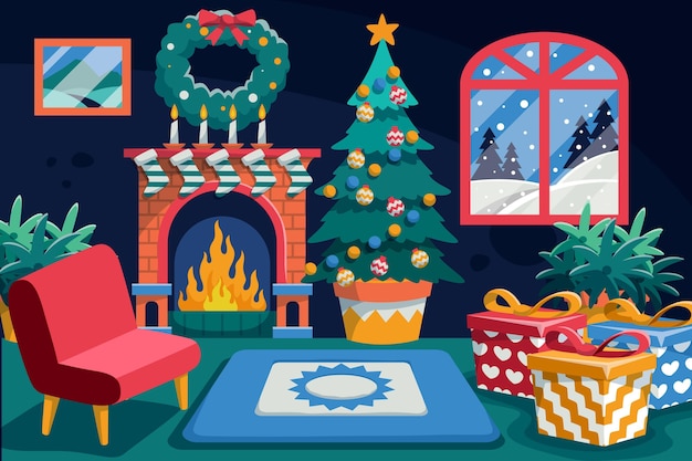 Escena de chimenea navideña de diseño plano